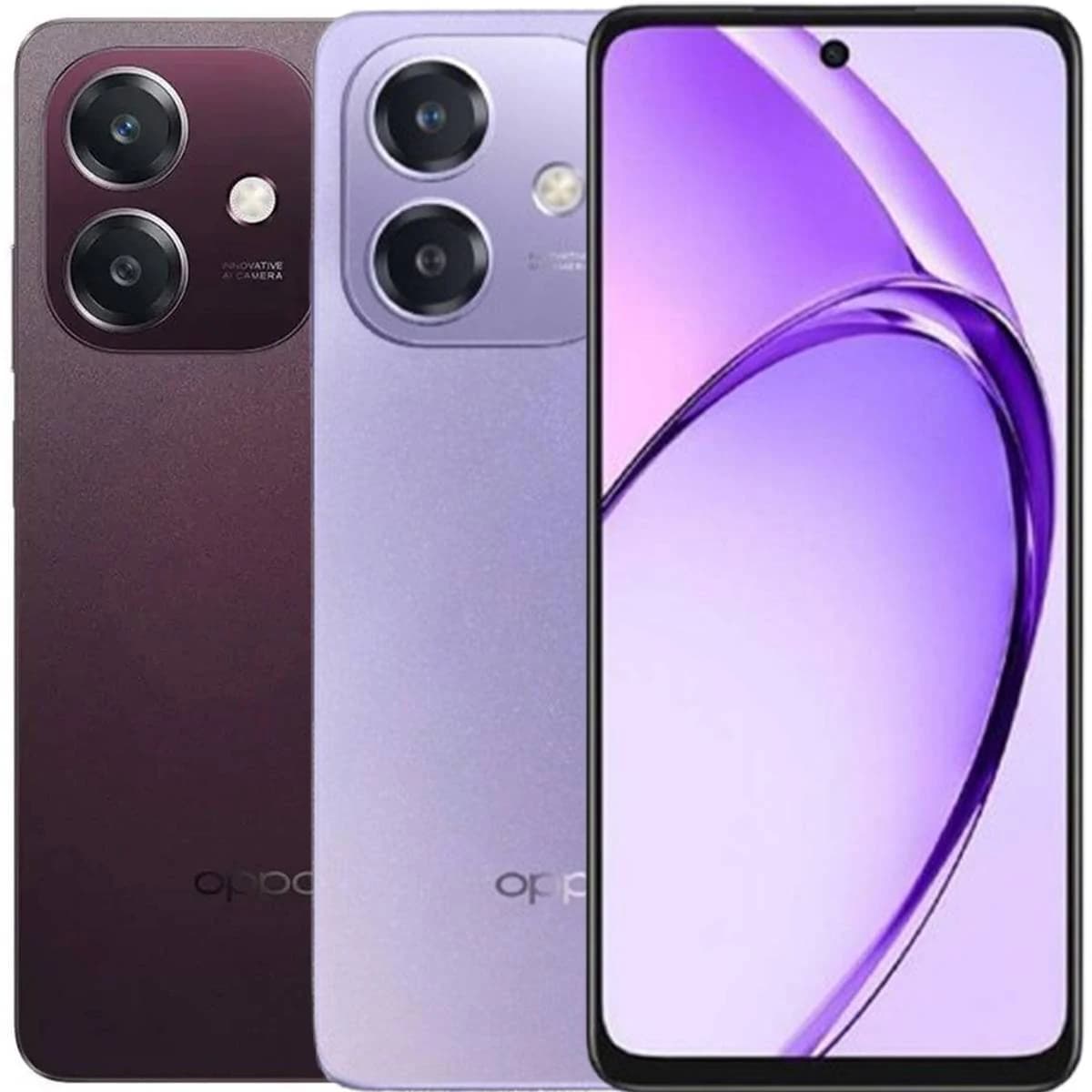 Oppo A5i smartphone showcasing dual rear cameras in a sleek design. Available in a rich burgundy and a soft lavender finish, featuring a vibrant front display with a minimal bezel.