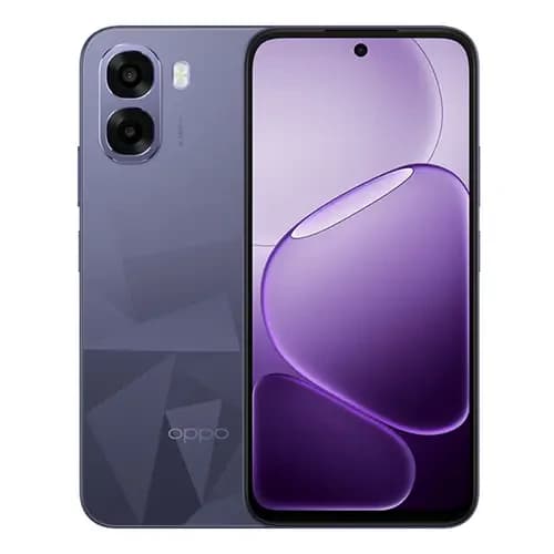 Oppo A6K smartphone in a sleek purple design featuring dual rear cameras and a vibrant display. The device showcases a modern geometric pattern on the back, emphasizing its stylish aesthetics.