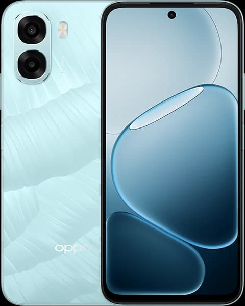Oppo A6x 4G smartphone in Ice Blue color featuring a sleek design with a textured back and dual camera setup. The front showcases a vibrant display with a centered punch-hole camera, ideal for modern users. Perfect for tech enthusiasts.