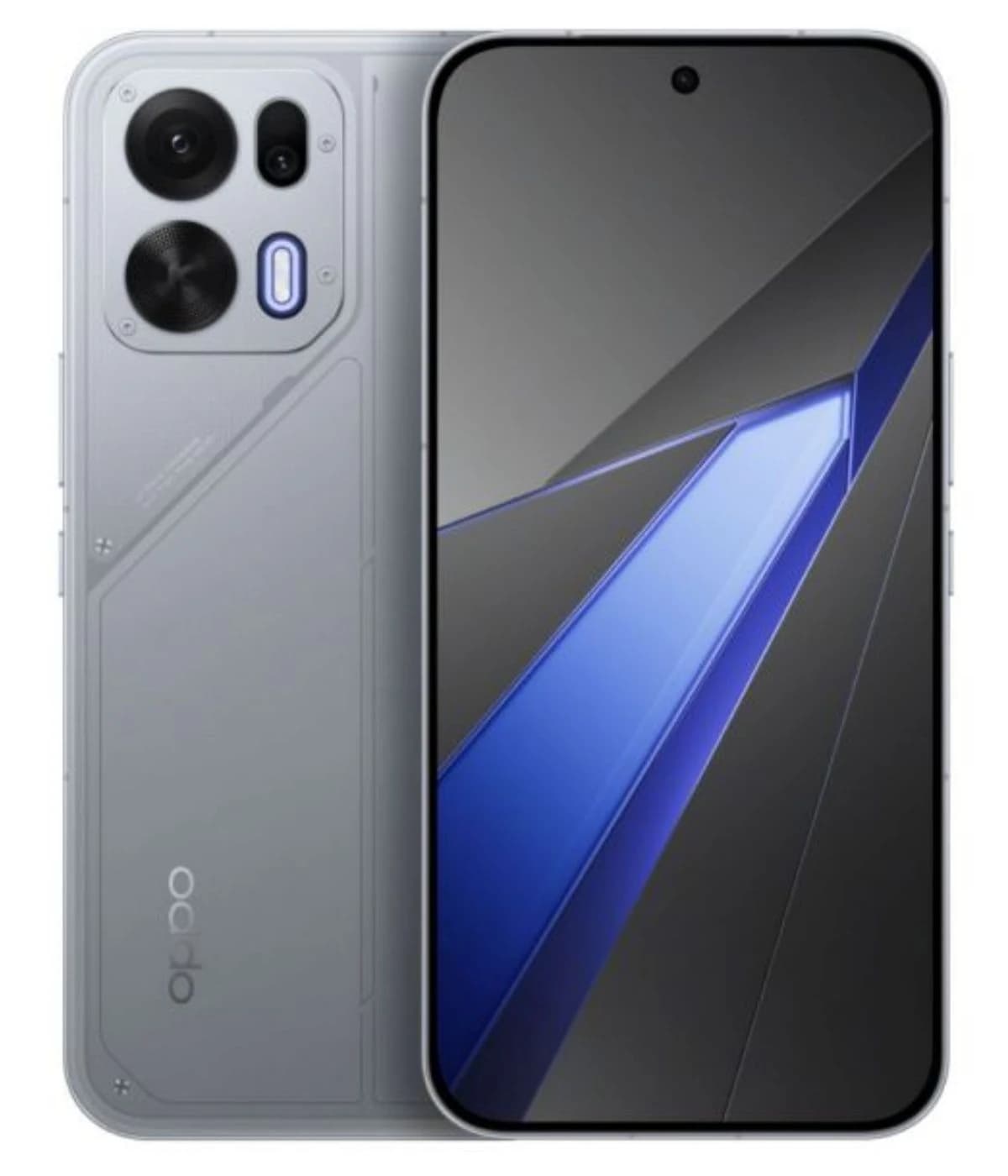 Oppo K15 smartphone in sleek silver finish featuring a dual-camera setup and a vibrant blue accent on the back. The front showcases a large display with minimal bezels, ideal for gaming and multimedia.