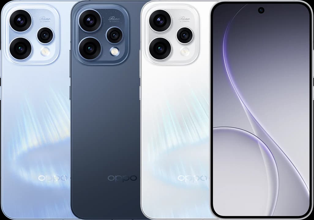 Oppo Reno 15 smartphone showcasing three color variants: light blue, dark blue, and white. Each model features a sleek design with a triple-camera setup and a vibrant display. The Oppo logo is prominently displayed on the back.