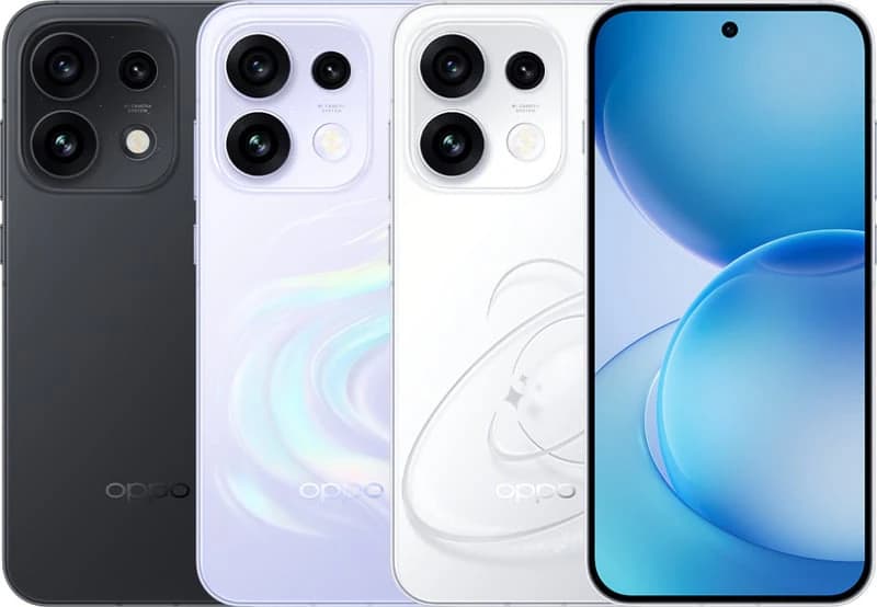 Oppo Reno 16 smartphones in three stylish colors: sleek black, iridescent white with a swirling design, and a vibrant blue display. Each phone features a dual-camera setup and a modern design, showcasing Oppo's innovative technology.
