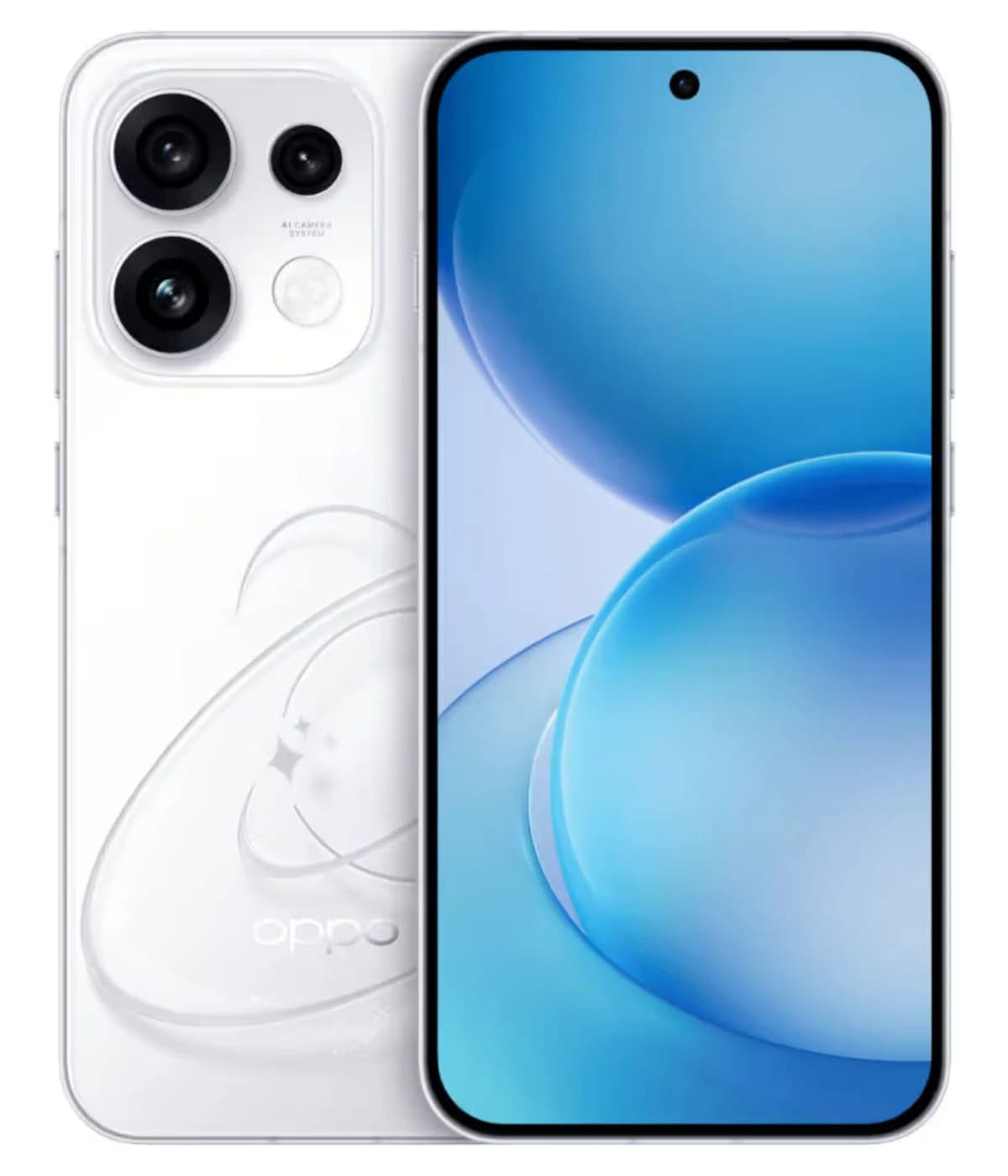 Oppo Reno 16 smartphone featuring a sleek white design with a glossy finish, dual rear cameras, and a vibrant blue display. The device showcases a modern aesthetic with a minimalist look, perfect for tech enthusiasts.