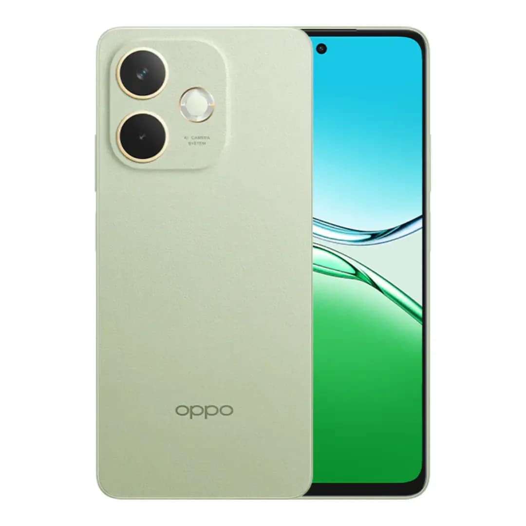 Oppo A5 Pro smartphone in mint green color featuring a sleek design, dual rear cameras, and a vibrant display. The device has 128GB storage and 8GB RAM, ideal for multitasking and gaming.