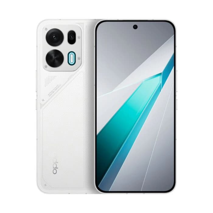 Oppo K15 Pro smartphone in sleek white design featuring a vibrant display with a turquoise accent. The back showcases dual camera setup and textured finish, ideal for modern tech enthusiasts.