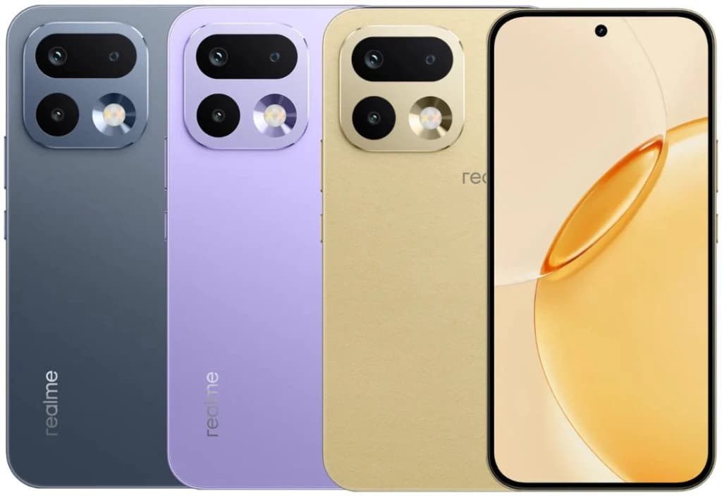 Realme 16 Pro smartphone in three colors: dark gray, lavender, and gold. Features dual rear cameras with circular design and a sleek front display showcasing a vibrant screen. Perfect for tech enthusiasts.