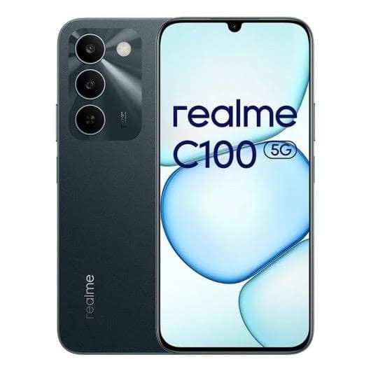 Realme C100 smartphone featuring a sleek design in dark gray, showcasing a vibrant display with a waterdrop notch and triple camera setup on the back. The device supports 5G connectivity and has a modern aesthetic.