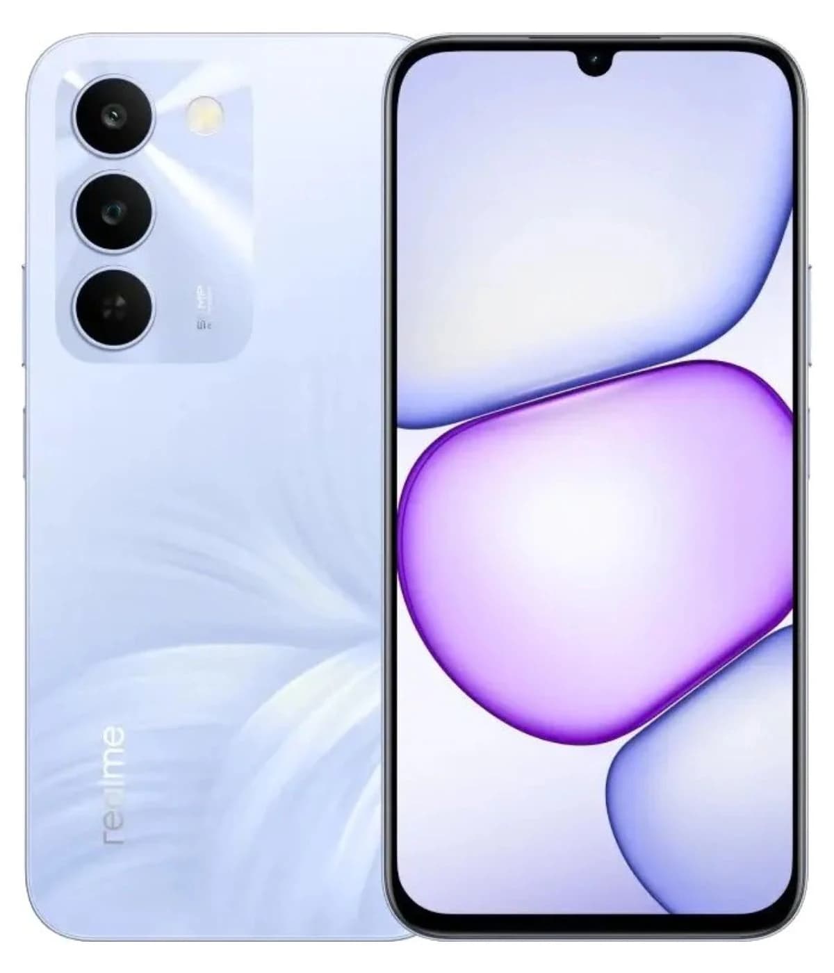 Realme C100 smartphone in a sleek light blue finish, featuring a triple camera setup on the back and a vibrant display with rounded edges. The device showcases a modern design with a glossy surface, ideal for tech enthusiasts.