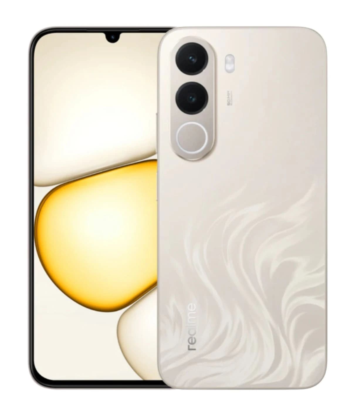 Realme C100X smartphone featuring a sleek design with a creamy white back showcasing elegant wave patterns, dual rear cameras, and a vibrant display with a waterdrop notch. Ideal for tech enthusiasts seeking style and functionality.