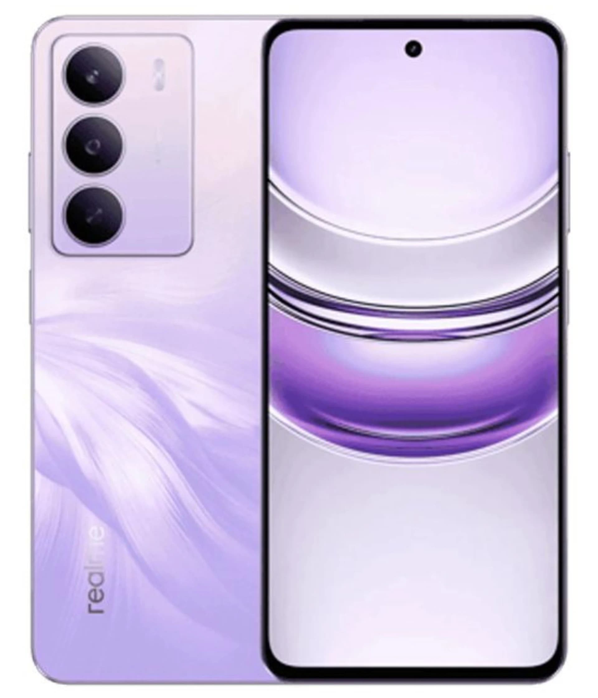 Realme C75 smartphone in a stunning lavender color with a sleek design. Features a triple camera setup on the back and a vibrant display showcasing a purple gradient. The device is shown from the front, highlighting its modern aesthetics.
