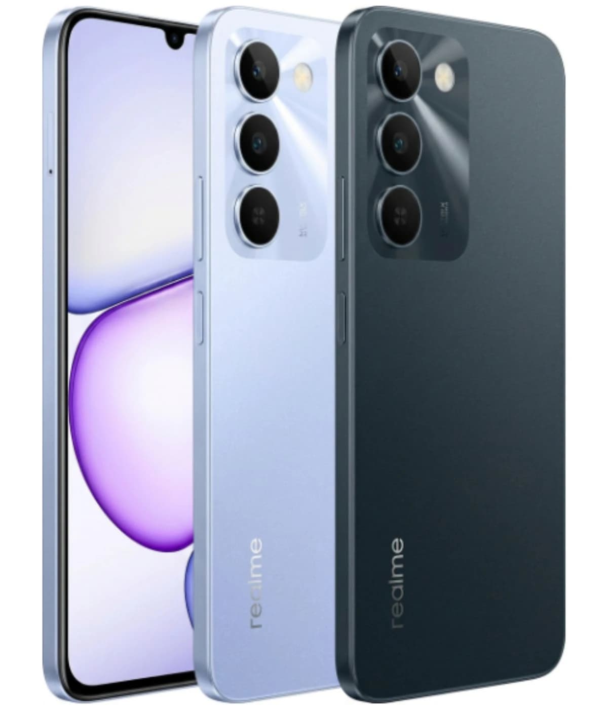 Realme C83 smartphone featuring a sleek design in light blue and dark gray colors. The device showcases a triple camera setup on the back, with a vibrant display visible from the front. Ideal for tech enthusiasts seeking style and functionality.