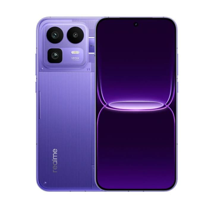 Realme Neo 8 smartphone in vibrant purple color featuring a sleek design, dual rear cameras with 120X zoom capability, and a stunning front display. The device showcases a modern aesthetic with a glossy finish and rounded edges.