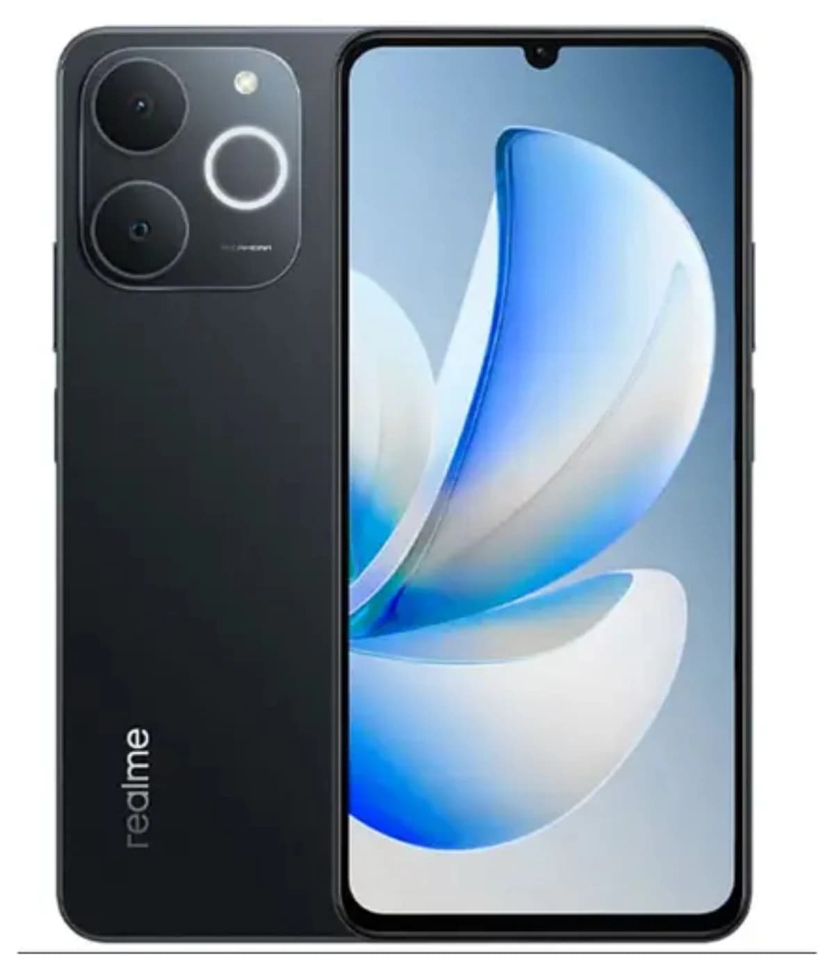 Realme Note 70 smartphone in sleek black design featuring a dual-camera setup with LED flash. The device showcases a vibrant display with a modern aesthetic, ideal for tech enthusiasts. Perfect for photography and daily use.