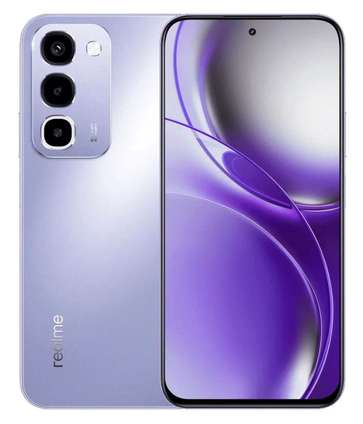 Realme PR4 smartphone in a sleek lavender finish, featuring a triple camera setup on the back. The front showcases a vibrant display with minimal bezels, emphasizing its modern design. Ideal for tech enthusiasts.