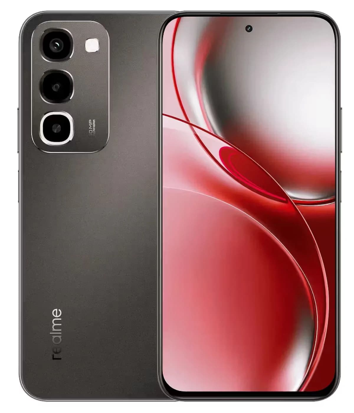 Realme PR4 smartphone featuring a sleek black design with a vibrant red display. The device showcases a triple camera setup on the back and a modern front display with minimal bezels. Ideal for tech enthusiasts seeking style and performance.