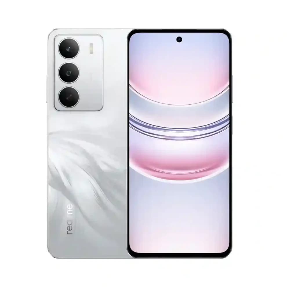 Realme C75 smartphone featuring a 6.67-inch display, sleek white design with a glossy finish, and triple rear camera setup. The front showcases a vibrant screen with minimal bezels, ideal for multimedia.