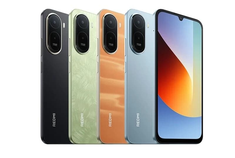 Redmi A7 Pro smartphone lineup featuring four color variants: sleek black, vibrant green, stylish orange, and elegant blue. Each phone showcases a dual-camera setup and a modern design with a notch display.