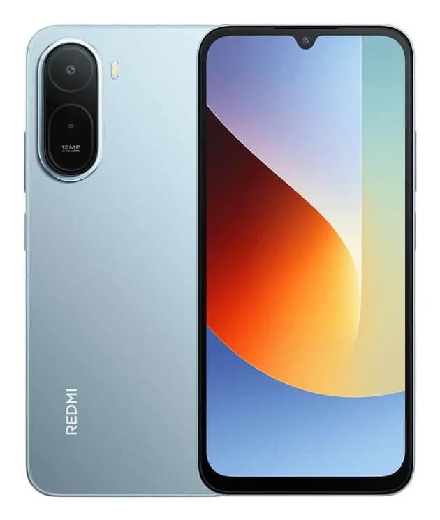 Redmi A7 Pro smartphone in light blue color featuring a 6.5-inch display, dual rear cameras with 13MP and 2MP sensors, and a sleek design. The device showcases a vibrant screen with a modern notch design.