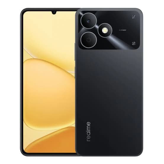Realme C81 smartphone featuring a sleek black design, dual rear cameras, and a vibrant display with a waterdrop notch. The device showcases a modern aesthetic with a glossy finish and rounded edges.