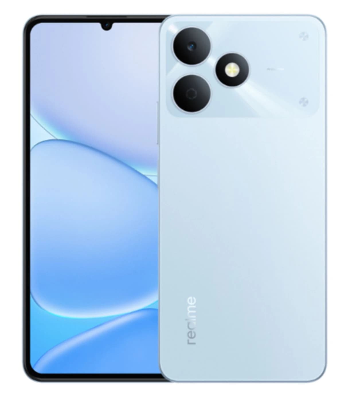 Realme C81 smartphone in light blue color featuring a sleek design, dual rear cameras, and a vibrant display. The device showcases a modern aesthetic with rounded edges and a glossy finish, perfect for tech enthusiasts.