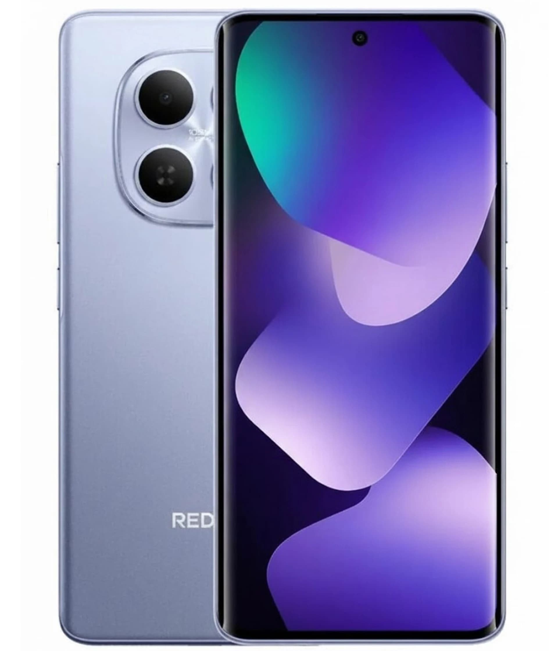Redmi Note 15 smartphone in sleek silver finish, featuring a vibrant display with abstract purple shapes. The device showcases a dual-camera setup on the back and a modern design, ideal for tech enthusiasts.