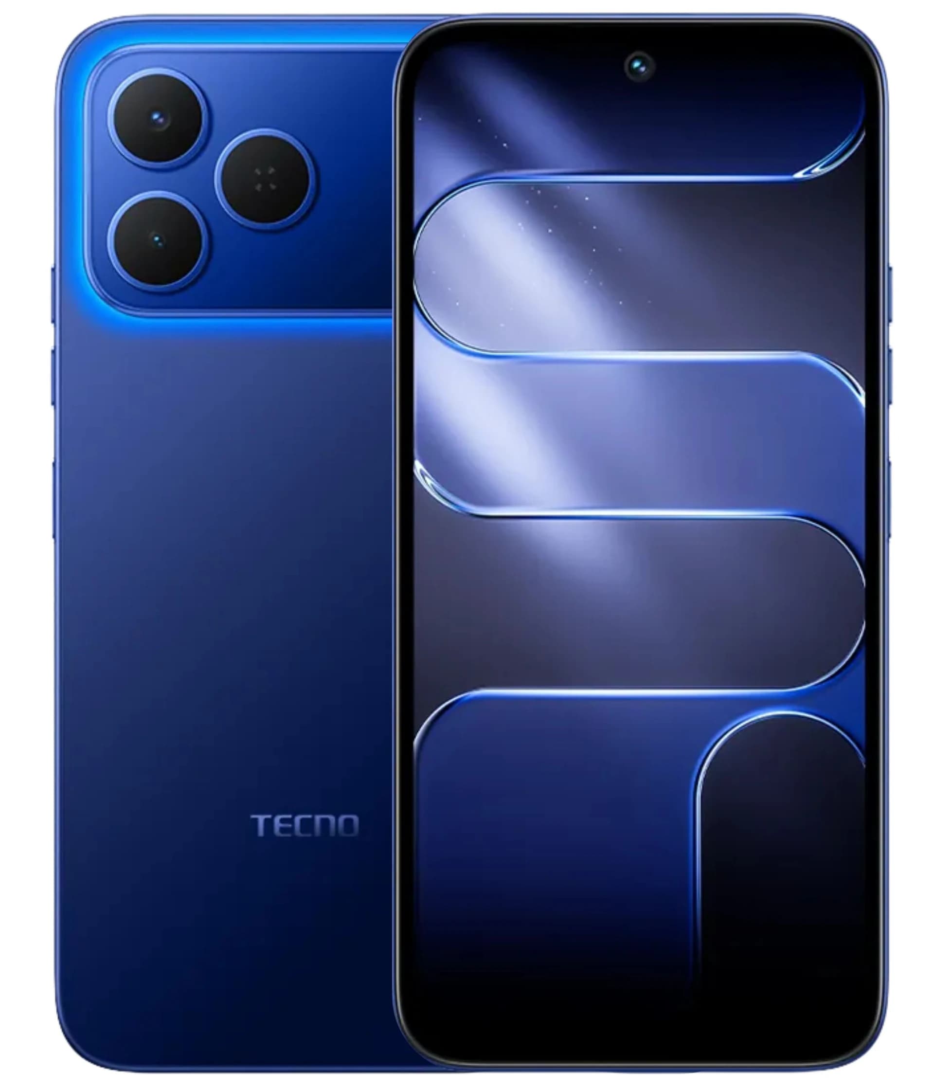 TECNO Spark 50 smartphone in a sleek blue design featuring a vibrant display and triple camera setup. The device showcases a modern aesthetic with smooth edges and a glossy finish, ideal for tech enthusiasts.