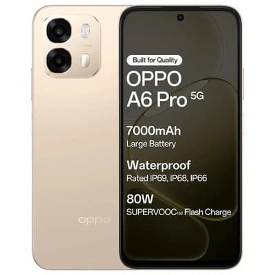 Oppo A6 Pro 5G smartphone in gold color with a sleek design, featuring a 7000mAh large battery, waterproof rating IP69, IP68, IP66, and 80W SUPERVOOC Flash Charge technology. Displayed against a plain background.