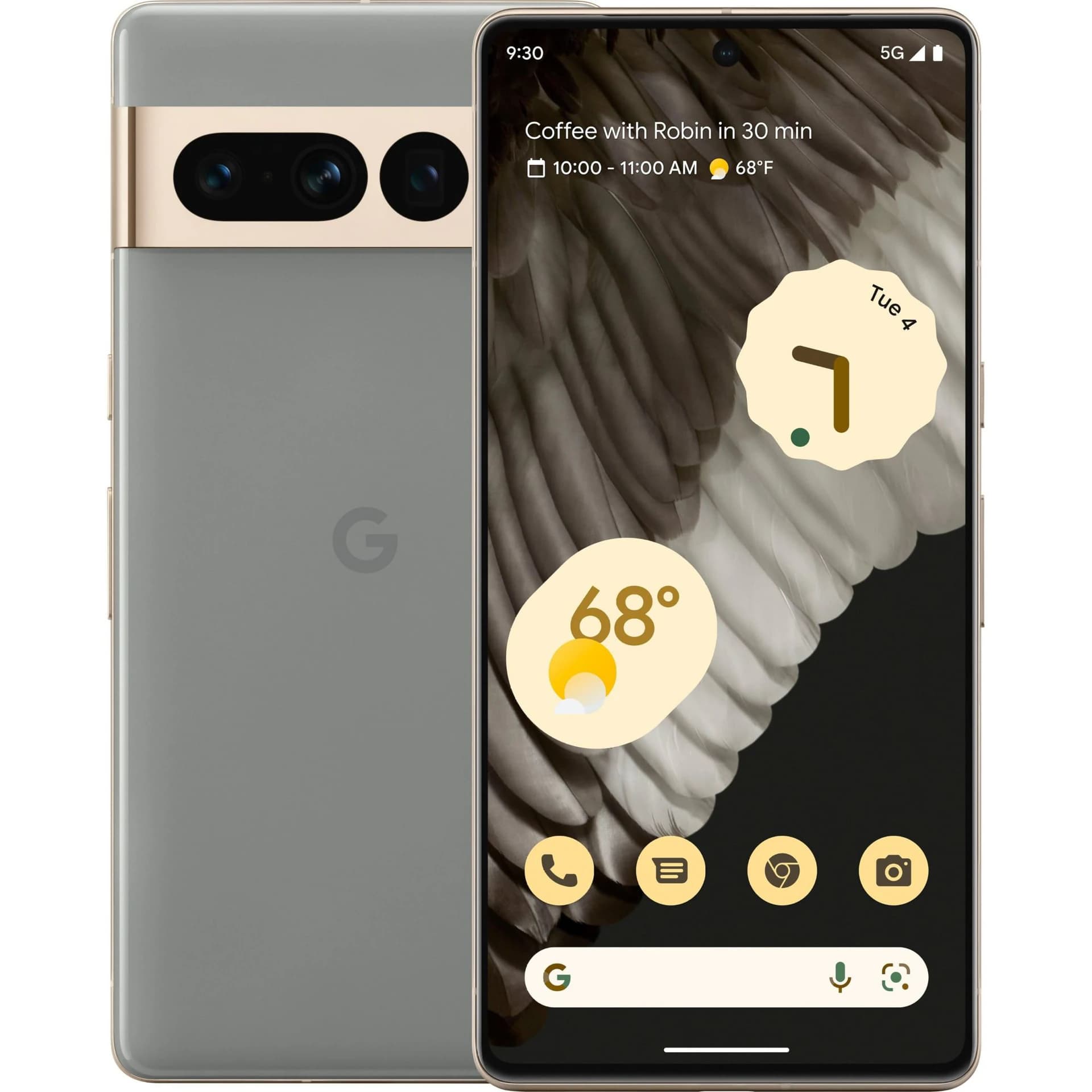 Google Pixel 7 Pro smartphone in Obsidian color with a sleek design, featuring a 6.7-inch display and a triple camera setup. The device shows a vibrant home screen with weather and calendar widgets.