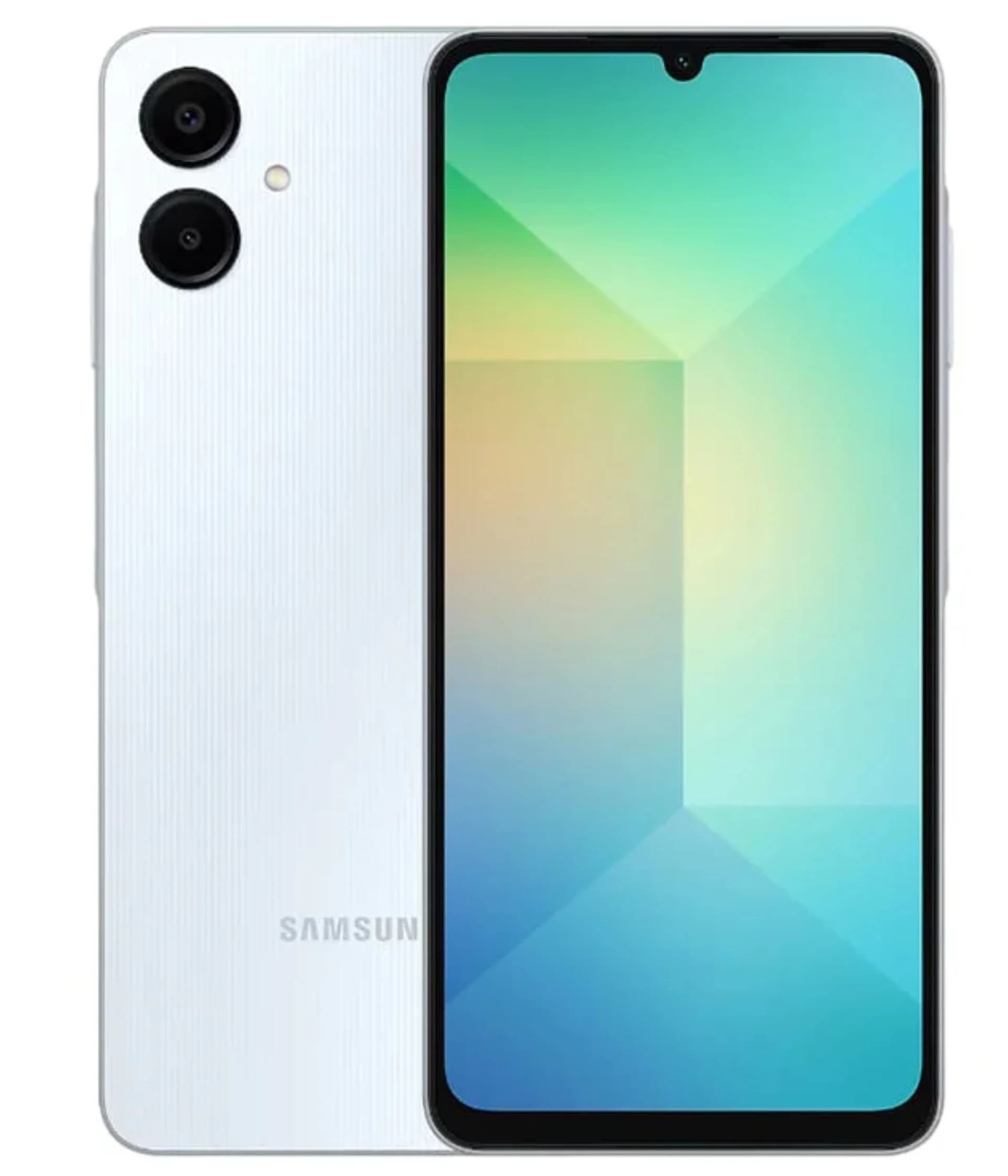 Samsung Galaxy A06 smartphone in sleek white finish, featuring dual rear cameras and a vibrant display with a gradient background. The device showcases a modern design with a slim profile and minimal bezels.