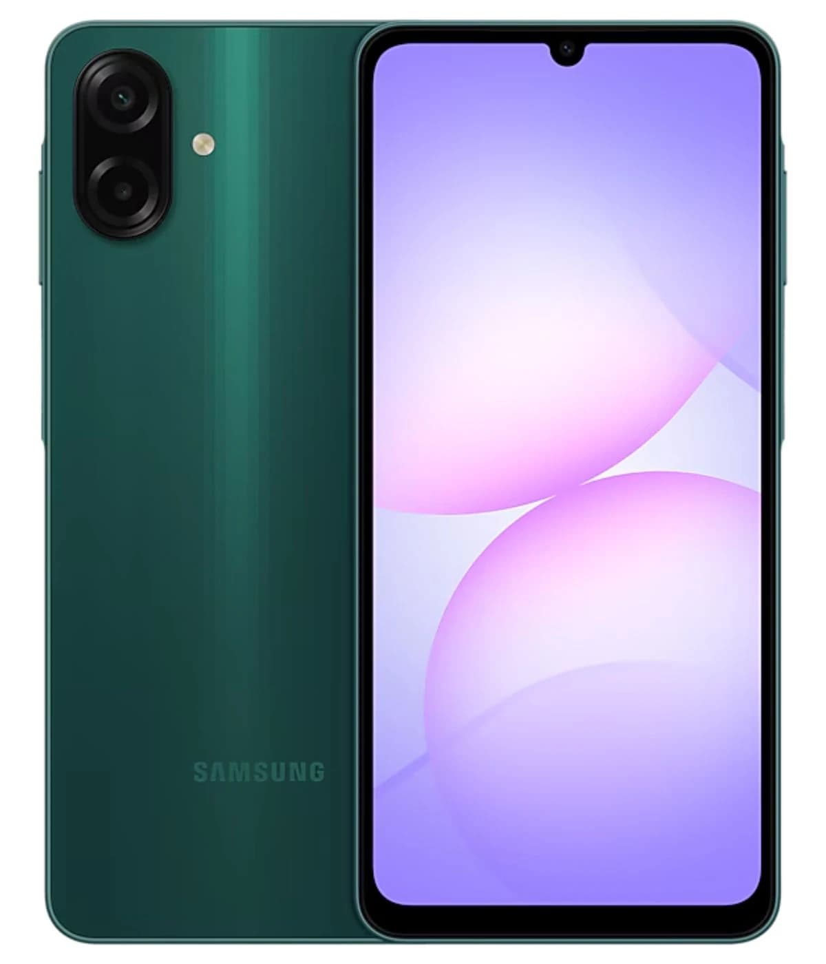 Samsung Galaxy A07 smartphone in a sleek green finish, featuring a vibrant display with a gradient background. The device showcases dual rear cameras and a modern design, ideal for tech enthusiasts. Perfect for everyday use.