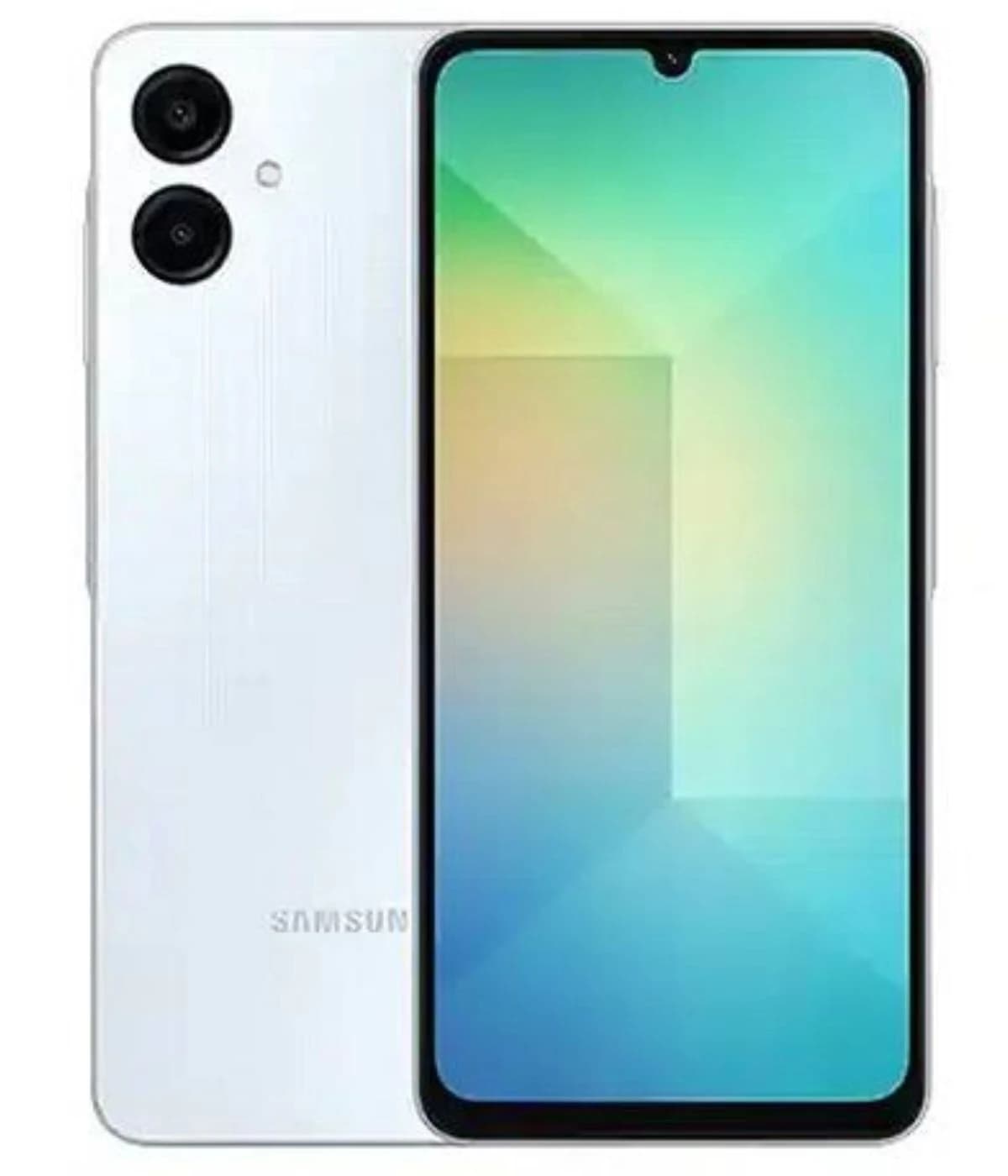 Samsung A08 smartphone in sleek white finish featuring a vibrant display with a notch design and dual rear cameras. The device showcases a modern aesthetic with a smooth texture and minimalistic branding.