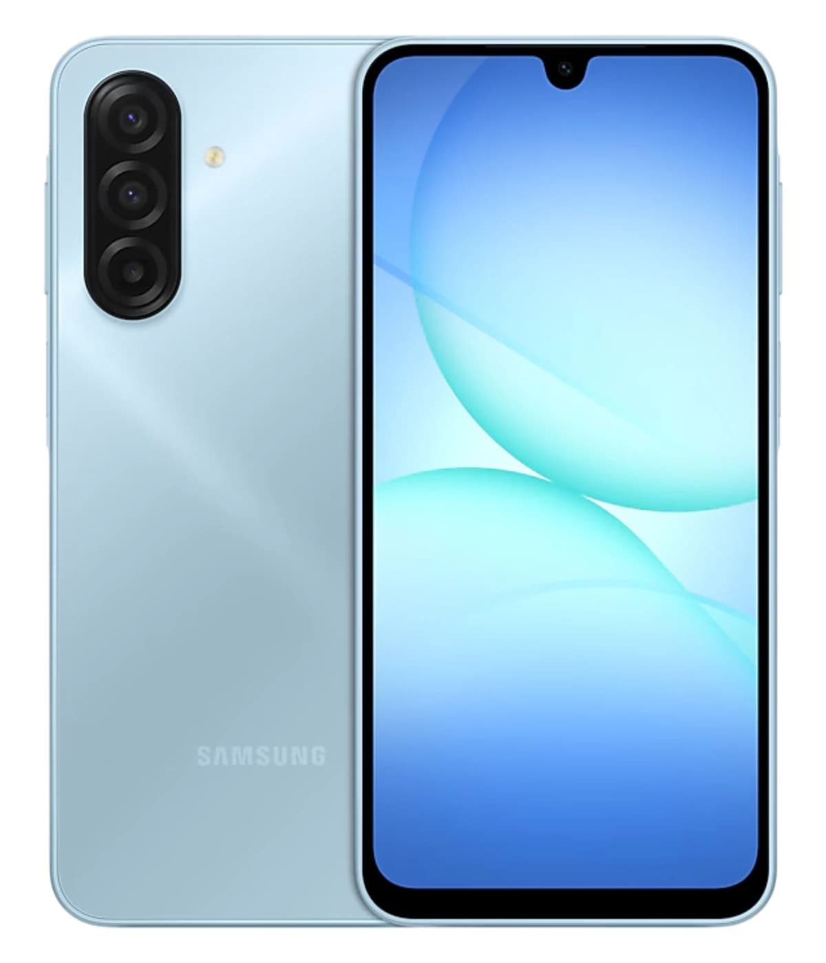 Samsung Galaxy A17 smartphone in light blue color featuring a sleek design, triple rear camera setup, and a vibrant display. The device showcases a modern aesthetic with a smooth finish and rounded edges.