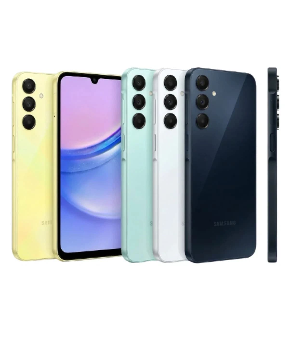 Samsung Galaxy A58 smartphone collection featuring four color variants: yellow, mint green, white, and navy blue. Each phone showcases a sleek design with a vibrant display and triple camera setup on the back.