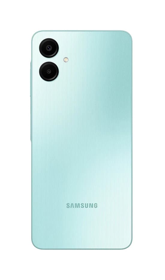 Samsung Galaxy A06 smartphone in a soothing mint green color with a textured back design. Features dual rear cameras and a sleek, modern aesthetic. Ideal for everyday use and stylish enough for any occasion.
