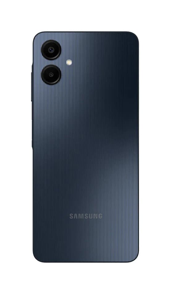 Samsung Galaxy A06 smartphone in dark blue color with a textured back design, featuring dual rear cameras and the Samsung logo. The device is shown from a rear view against a plain background.