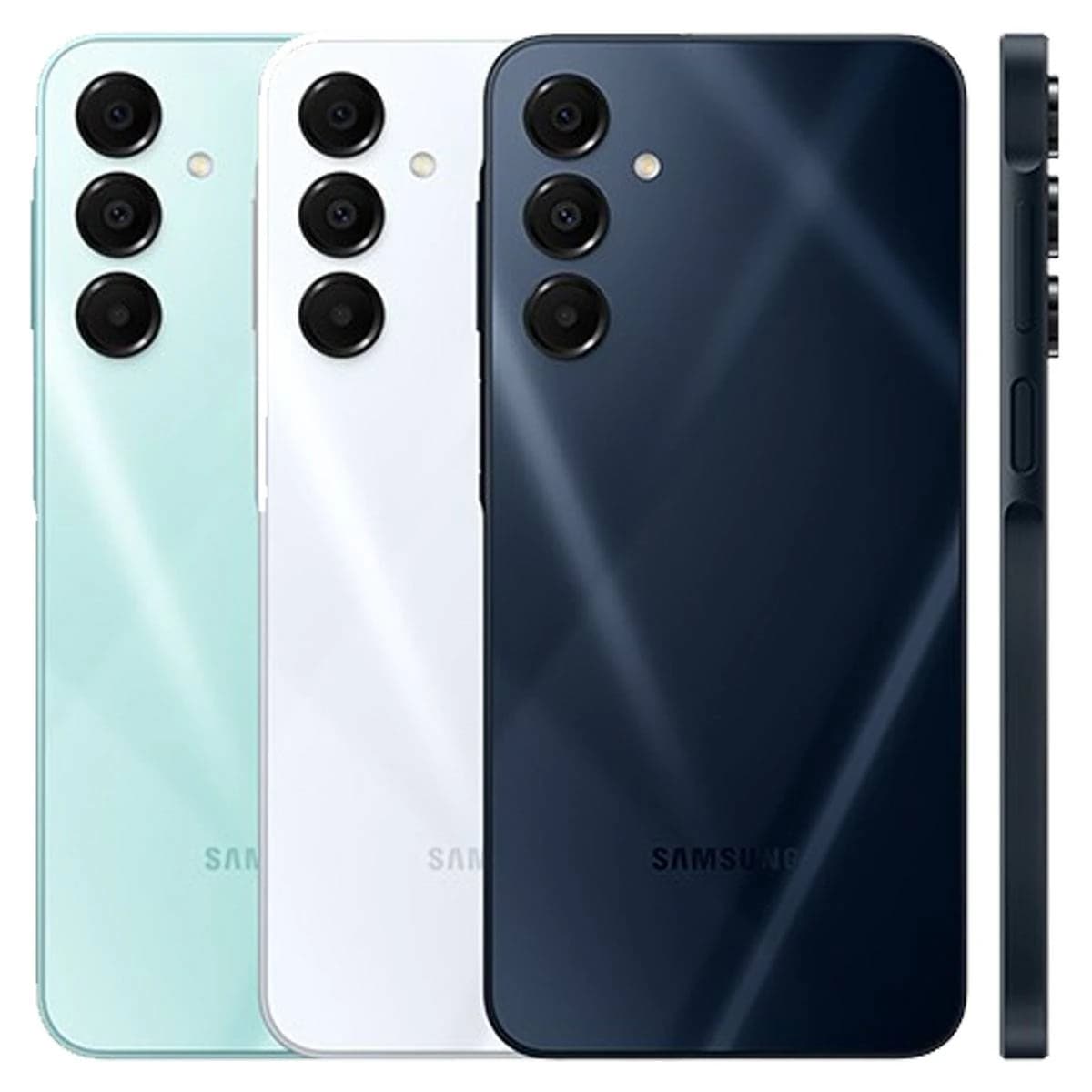 Samsung Galaxy A16 smartphone in three colors: mint green, white, and navy blue. Features a sleek design with a glossy finish and triple rear camera setup. Displayed against a plain background, showcasing the modern aesthetic.
