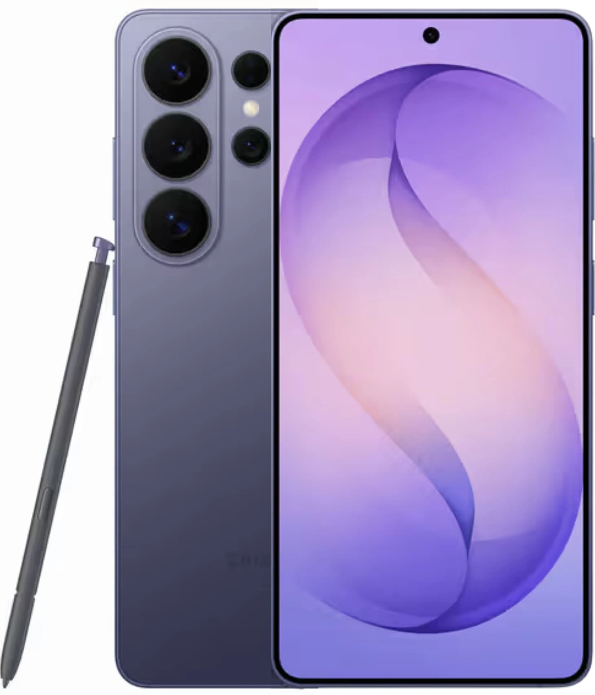 Samsung Galaxy S26 Ultra smartphone in a sleek purple finish, featuring a stunning display with a vibrant gradient background. The device showcases a triple camera setup on the back and includes an S Pen stylus, perfect for productivity.