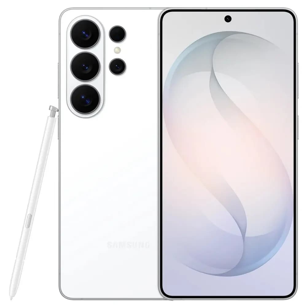 Samsung Galaxy S26 Ultra smartphone in white color featuring a sleek design, large display, and triple camera setup. Includes a stylus pen, showcasing a modern aesthetic with a minimalistic background.