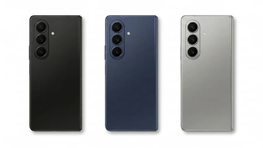 Samsung Galaxy Z Fold 8 smartphone in three colors: sleek black, deep navy blue, and elegant silver. Each model features a triple-camera setup on the back, showcasing a modern design with a premium finish.
