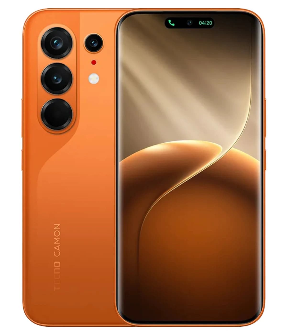 Tecno Camon 50 smartphone in vibrant orange color featuring a sleek design, triple rear camera setup, and a large display. The device showcases a modern aesthetic with a glossy finish, ideal for tech enthusiasts.