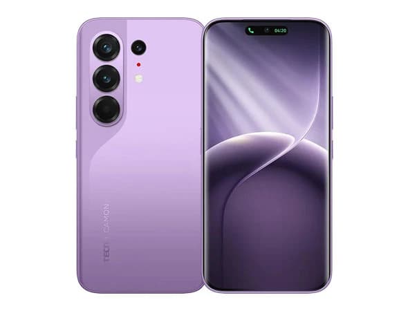 Tecno Camon 50 Pro smartphone in a stylish lavender color. Features a sleek design with a triple camera setup on the back and a vibrant display on the front. Ideal for photography enthusiasts and tech lovers.