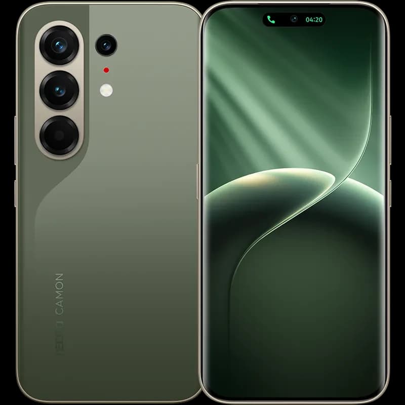 Tecno Camon 50 Pro 4G smartphone in Fir Green color, showcasing a sleek design with triple rear cameras and a vibrant display. The device features a modern aesthetic with a glossy finish and rounded edges, perfect for tech enthusiasts.