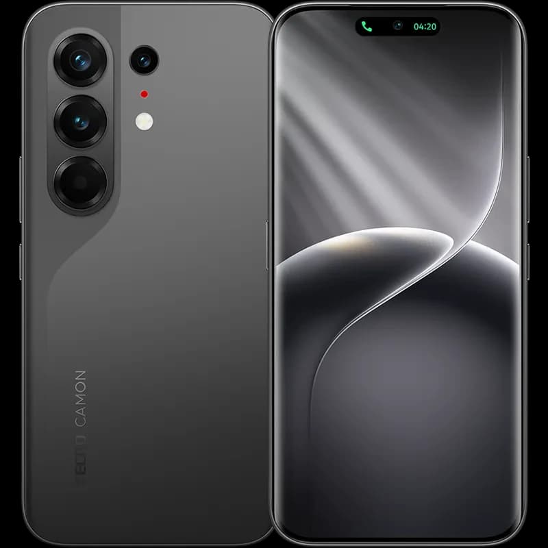 Tecno Camon 50 Pro 4G smartphone in Moonshadow Black, featuring a sleek design with a glossy finish, triple rear camera setup, and a vibrant display showcasing a modern interface.
