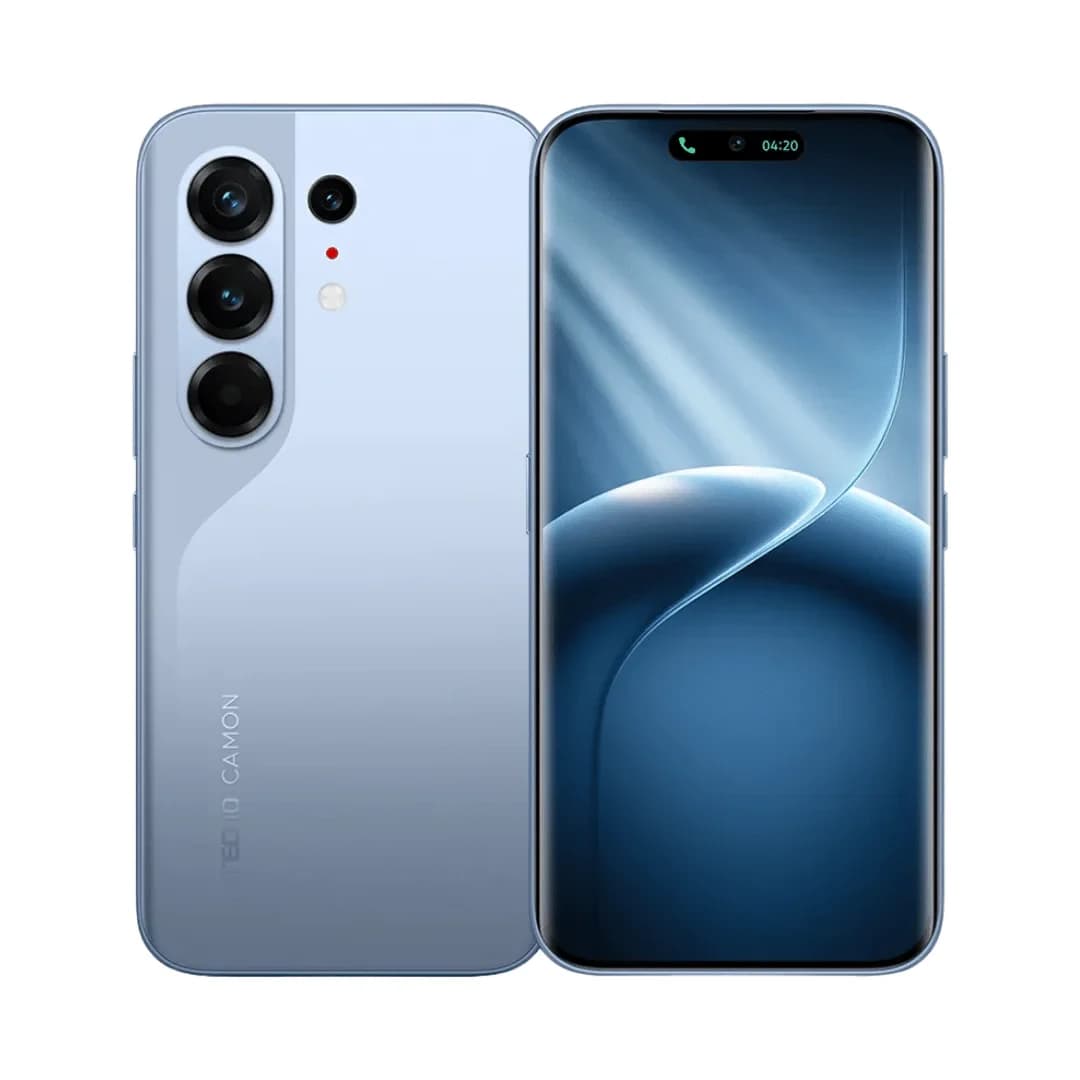 Tecno Camon 50 Pro 5G smartphone in sleek light blue color, showcasing a triple camera setup on the back and a vibrant display on the front. The device features a modern design with smooth edges and a glossy finish.