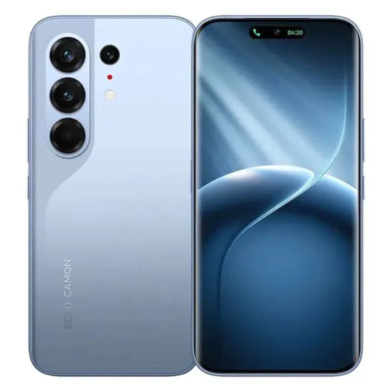 Tecno Camon 50 Pro smartphone in a sleek blue finish, featuring a triple camera setup on the back and a vibrant display on the front. The device showcases a modern design with smooth curves and a glossy surface, ideal for tech enthusiasts.