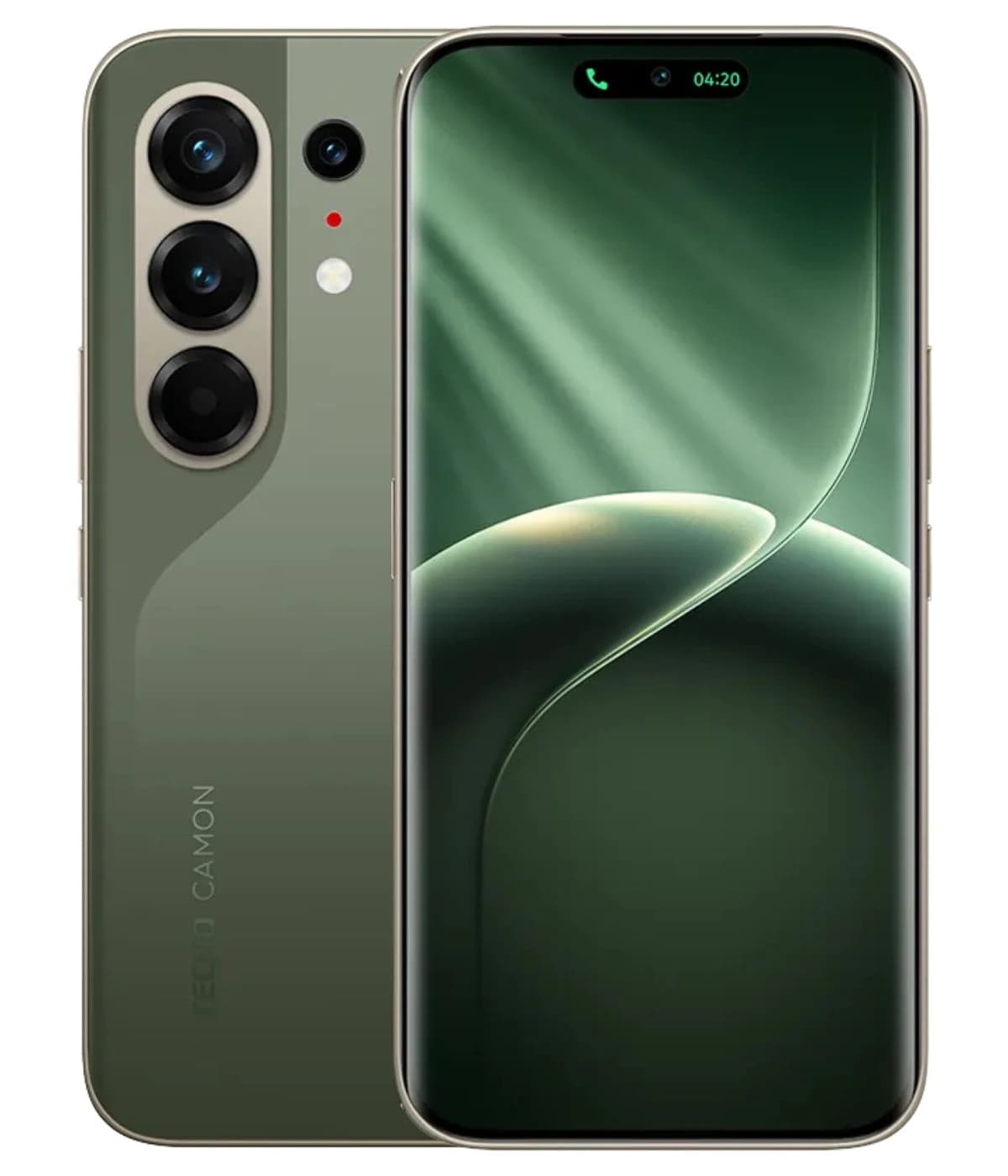 Tecno Camon 50 Pro smartphone in a sleek green finish, featuring a triple camera setup on the back and a vibrant display on the front. The device showcases a modern design with smooth curves and a glossy surface, ideal for tech enthusiasts.