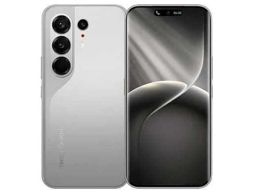 Tecno Camon 50 Pro smartphone in sleek silver finish, featuring a triple camera setup on the back and a vibrant display on the front. The device showcases a modern design with rounded edges and a glossy surface.