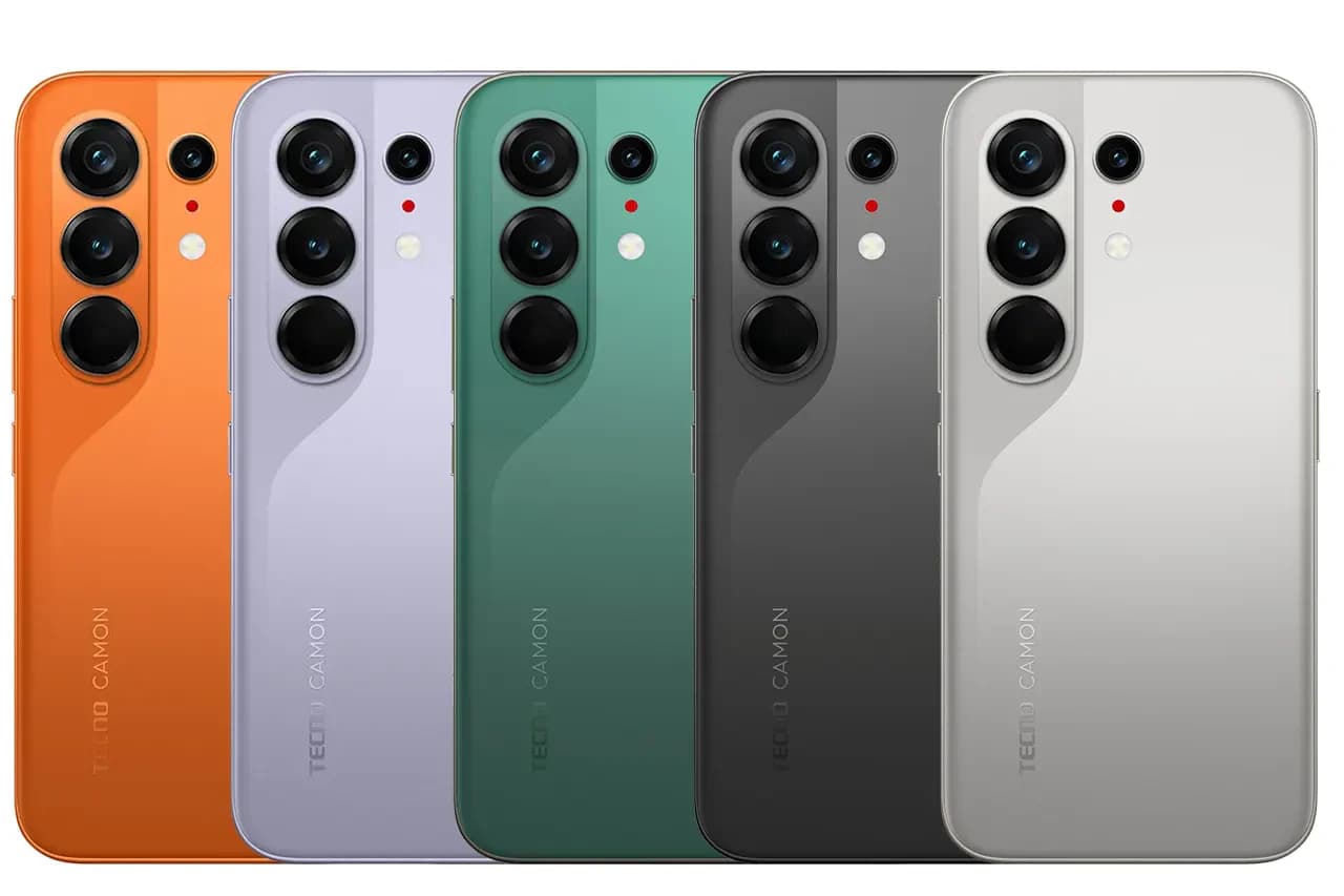 Tecno Camon 50 Ultra 5G smartphone collection featuring vibrant colors: orange, lavender, green, gray, and silver. Each phone showcases a sleek design with triple camera setup and modern aesthetics.