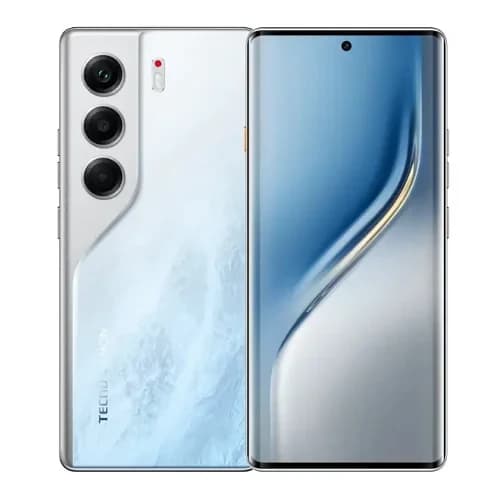 Tecno Camon 60 Pro smartphone in Glacier White color, featuring a sleek design with three rear cameras and a large front display. The glossy finish enhances its modern aesthetic, showcasing advanced technology.