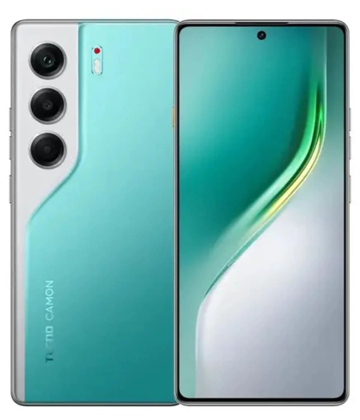 Tecno Camon 60 Pro smartphone featuring a sleek turquoise design, triple rear camera setup, and a vibrant display. The device showcases a modern aesthetic with a glossy finish and minimal bezels.
